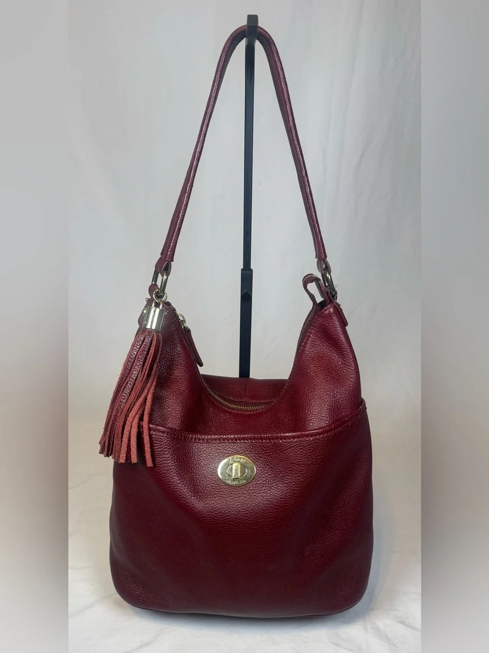 Tommy Hilfiger Burgundy Leather Hobo with Tassel
